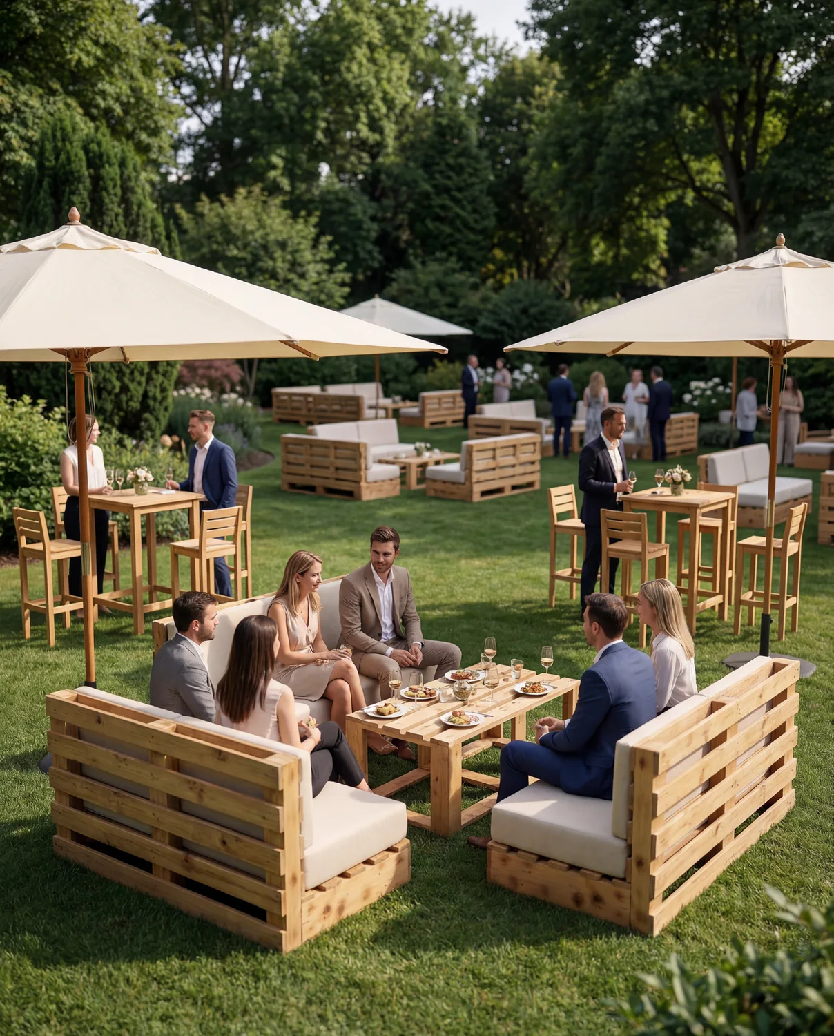 Inspiration de réception en extérieur avec salon en palettes et parasols